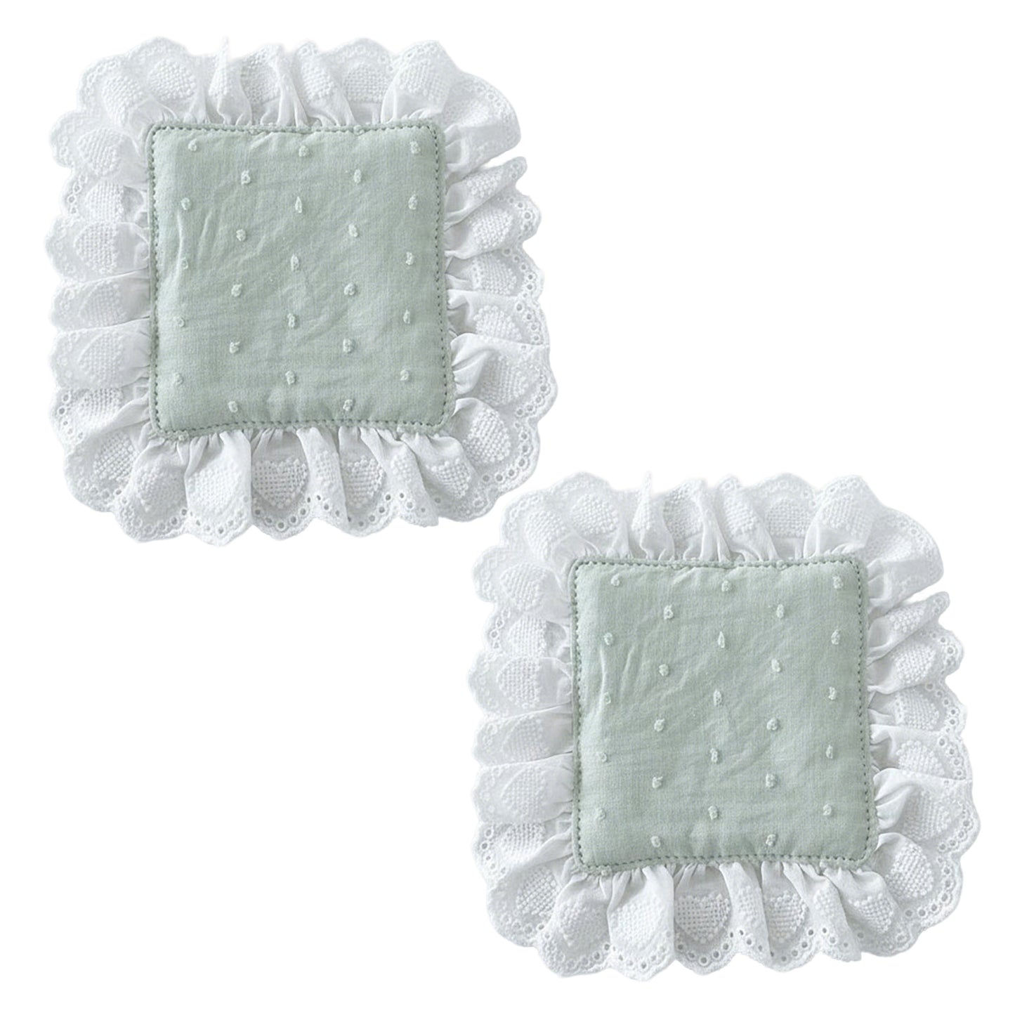 2-PC Lace Trim Square Fabric Cup Coaster with Soft Padded Center and Embroidered Detail