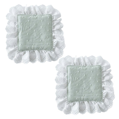 2-PC Lace Trim Square Fabric Cup Coaster with Soft Padded Center and Embroidered Detail