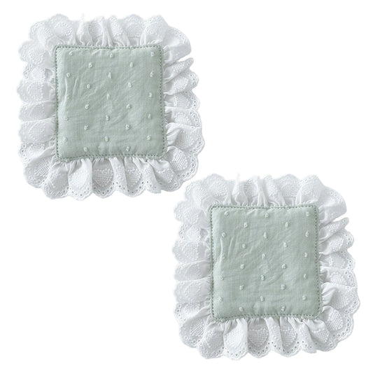 2-PC Lace Trim Square Fabric Cup Coaster with Soft Padded Center and Embroidered Detail