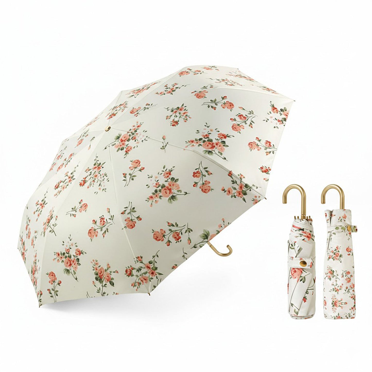 Floral Print Compact Umbrella with Curved Gold Handle
