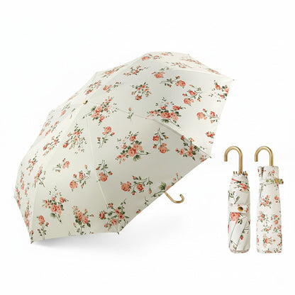 Floral Print Compact Umbrella with Curved Gold Handle