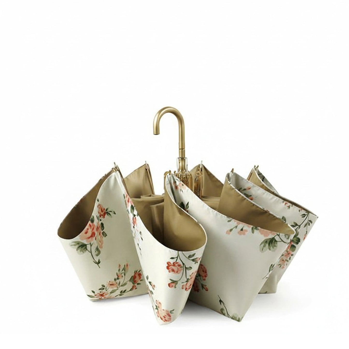 Floral Print Compact Umbrella with Curved Gold Handle