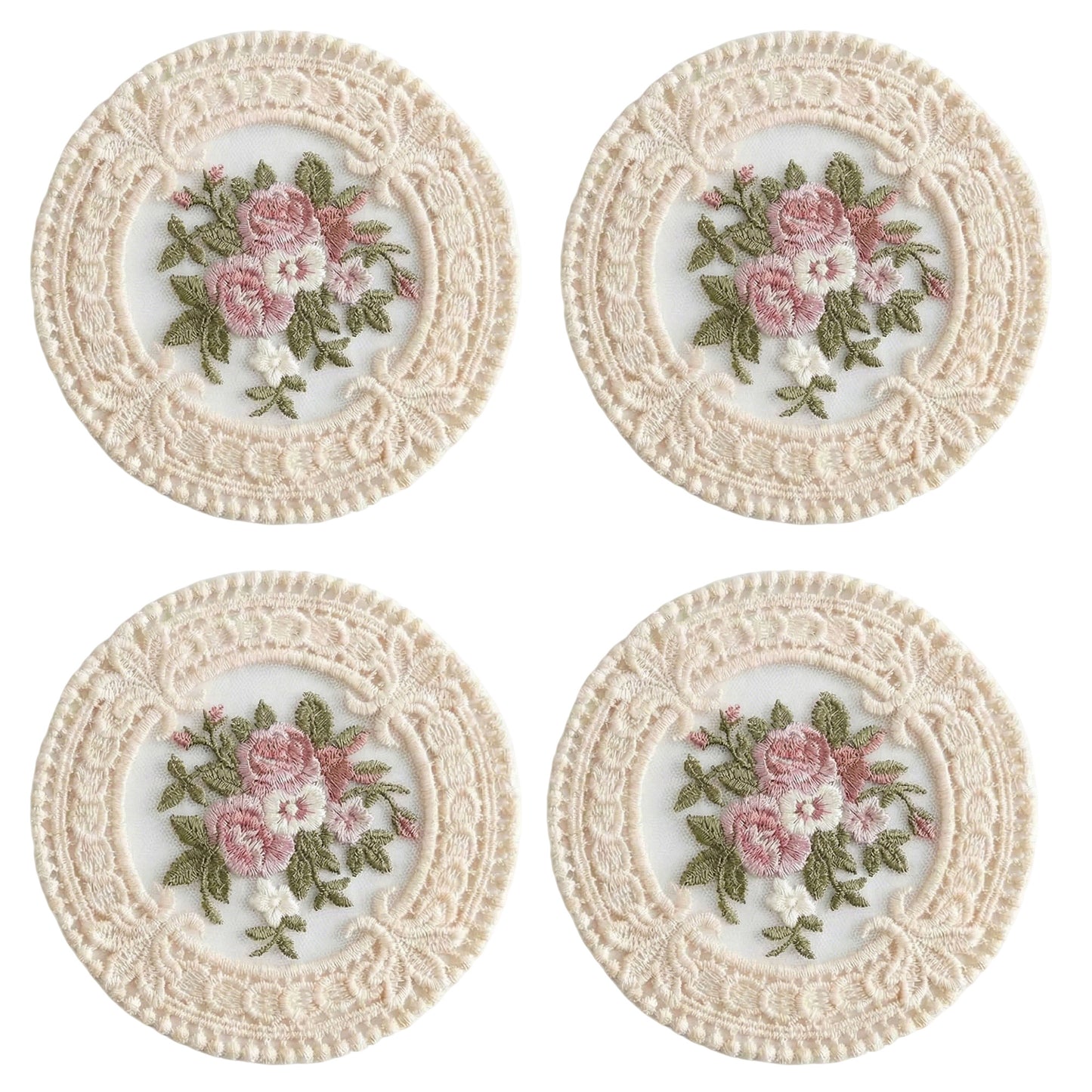 4-PC Round Lace Embroidered Coaster Floral Decorative Table Protector
