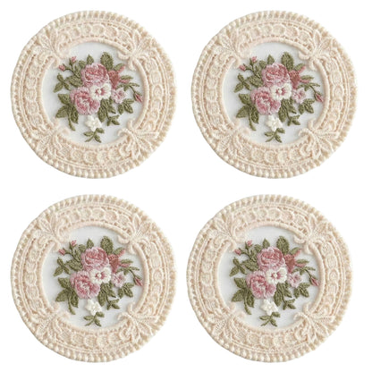 4-PC Round Lace Embroidered Coaster Floral Decorative Table Protector