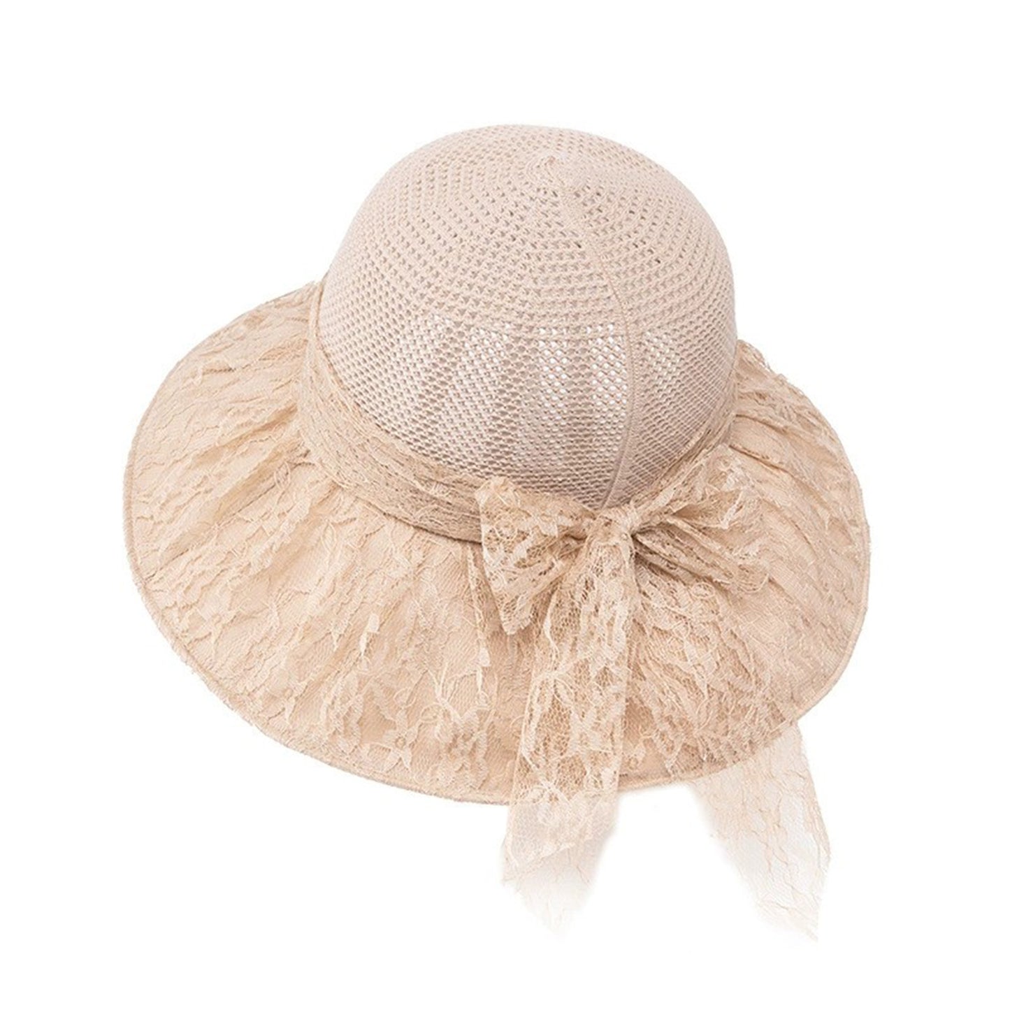 Wide Brim Straw Sun Hat Lace Bow Breathable Summer Beach Vacation Hat
