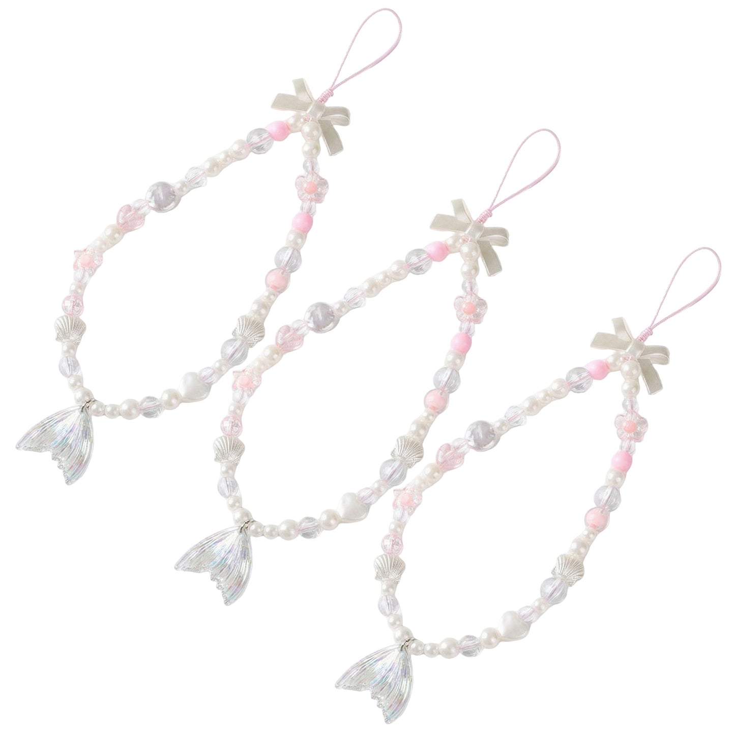3-PC Iridescent Beaded Phone Charm Strap with Heart Accent