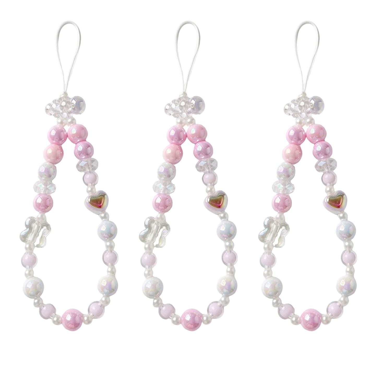 3-PC Iridescent Beaded Phone Charm Strap with Heart Accent