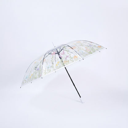 Clear Dome Umbrella with Floral Print Canopy Wind Resistant Frame and Curved Handle