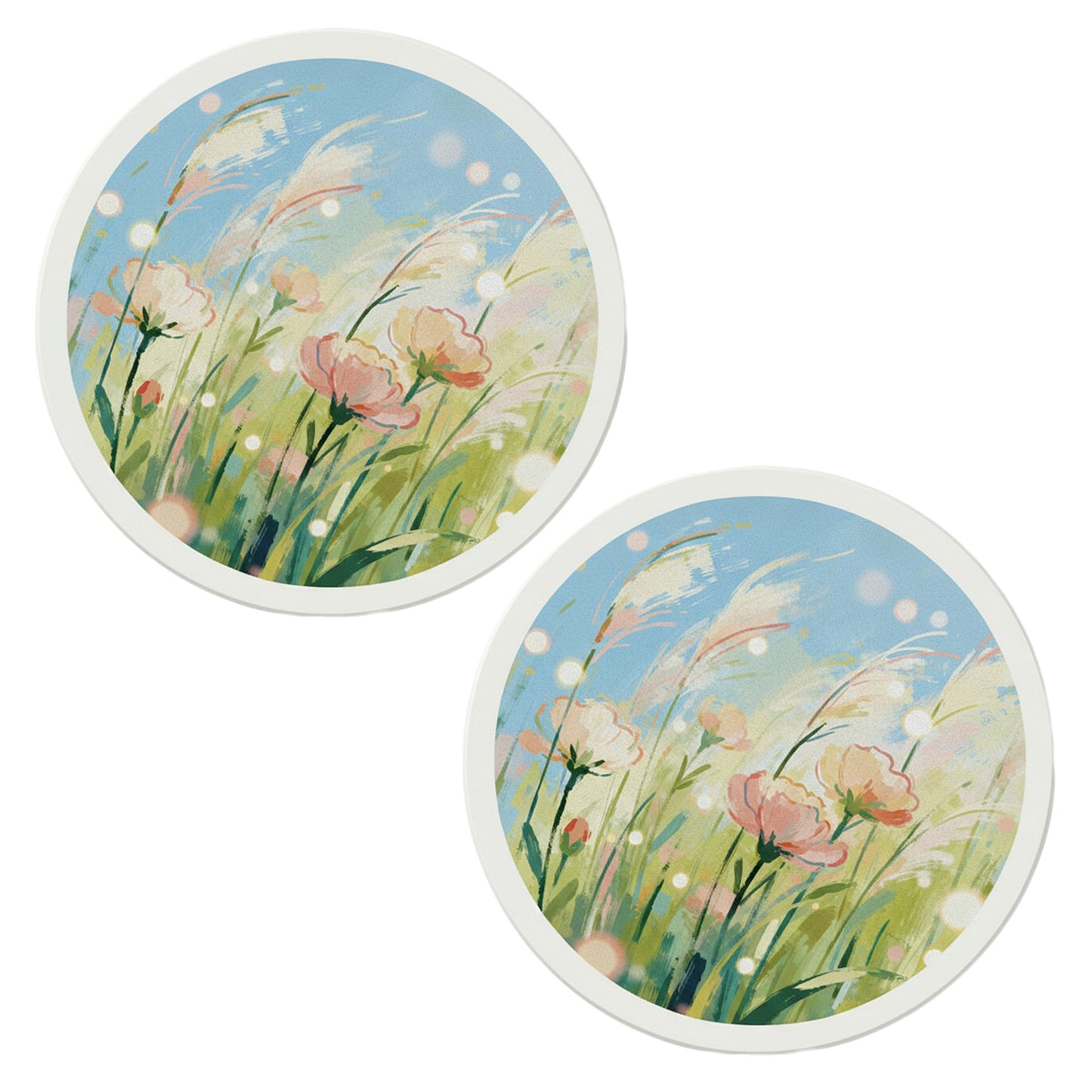 2-PC Round Floral Decorative Coaster with Painted Meadow Design