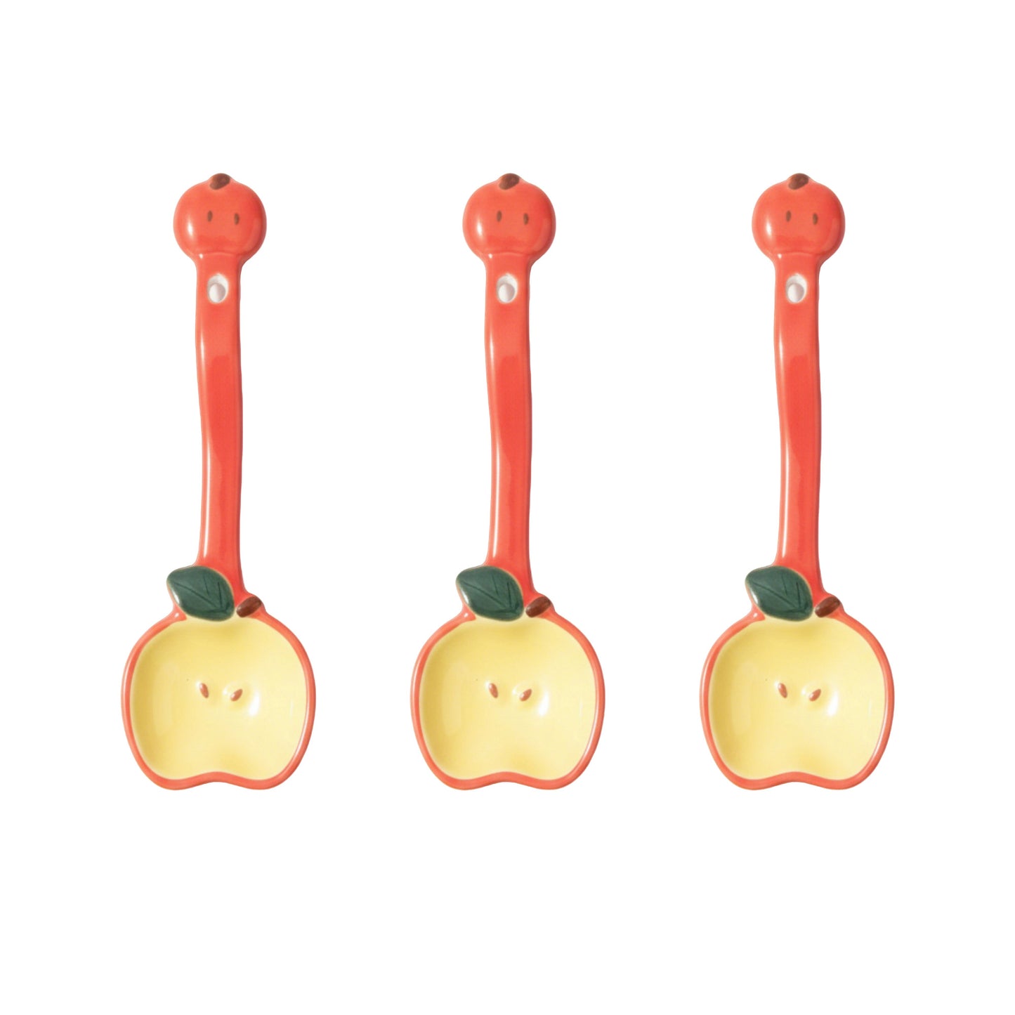 Apple Shaped Ceramic Reusable Spoon Set with Hanging Handle Design 3 Piece Set