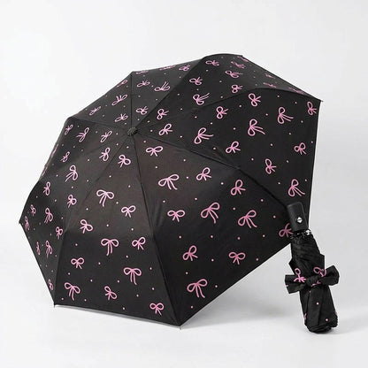 Compact Folding Umbrella with Bow Print Canopy Automatic Open Wind Resistant Frame and Strap