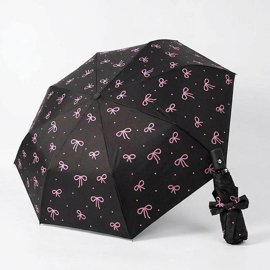 Compact Folding Umbrella with Bow Print Canopy Automatic Open Wind Resistant Frame and Strap