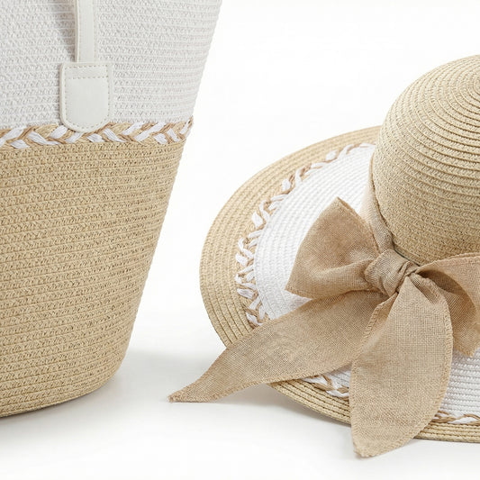 Straw Sun Hat and Tote Bag Set Woven Two Tone Design with Bow Wide Brim Beach Accessories