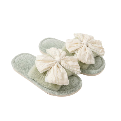 Plush Slide House Slippers with Valentine Ruffled Bow Detail and Cushioned Footbed