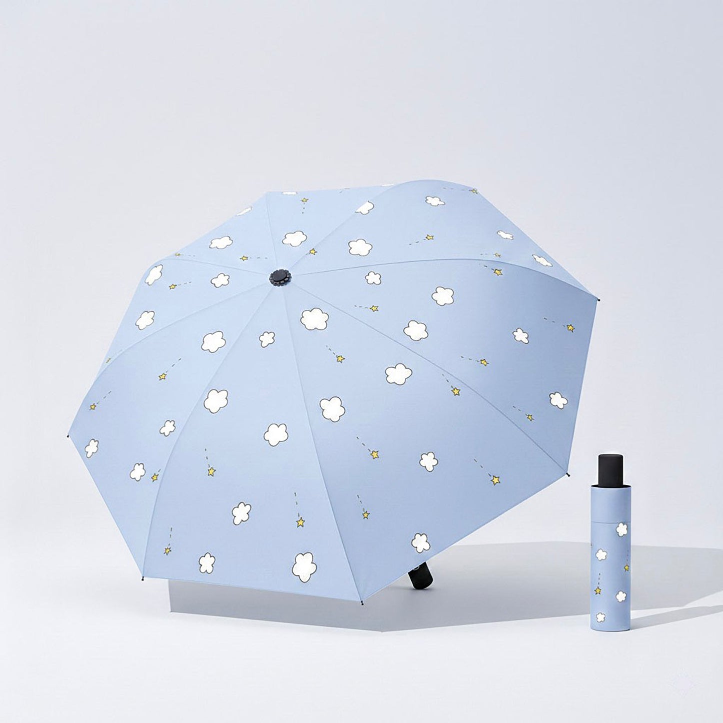 Cloud and Star Print Compact Folding Umbrella with Matching Sleeve and Automatic Open