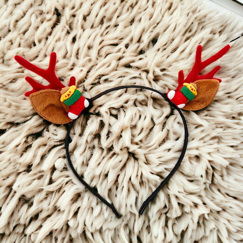 Christmas Antler Horn And Ears Headband With Santa Hat, Socks, Bow, Snowman, and Reindeer Decoration