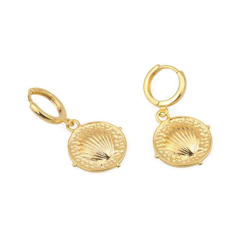 Seashell Embossed Coin 18K Gold Plated Earring