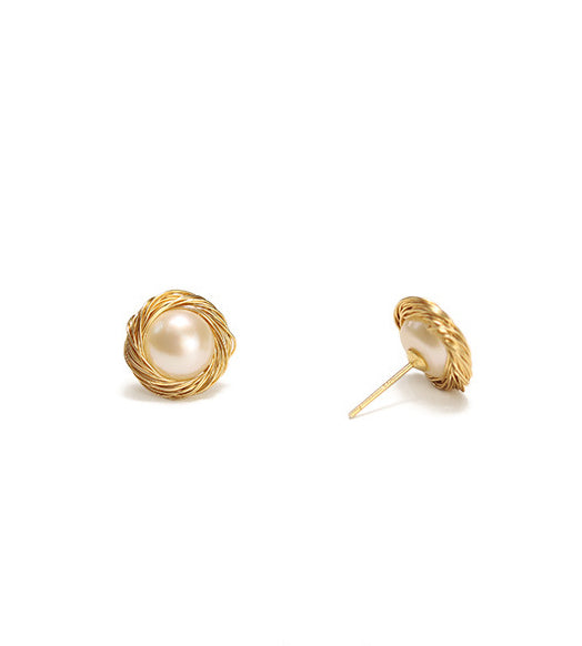 Nestled Rose Toned Real Pearl Ear Studs