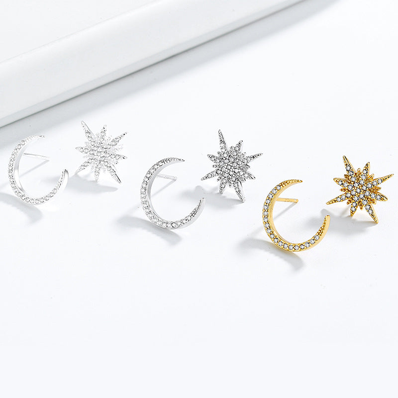 Asymmetrical Moon & Star 925 Sterling Silver Earrings