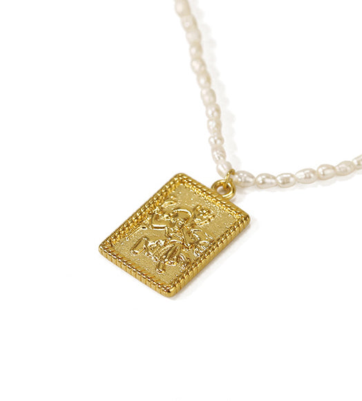 Square Embossed Pendant Pearl Beaded Necklace