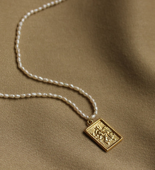 Square Embossed Pendant Pearl Beaded Necklace