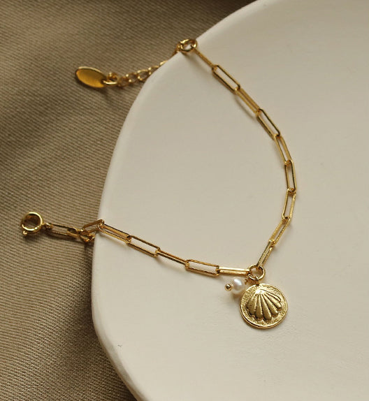 Seashell Coin Pendant Gold Chain Bracelet