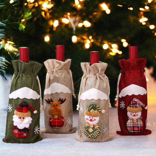 Christmas Santa, Snowman, and Reindeer Wine Bottle Cover