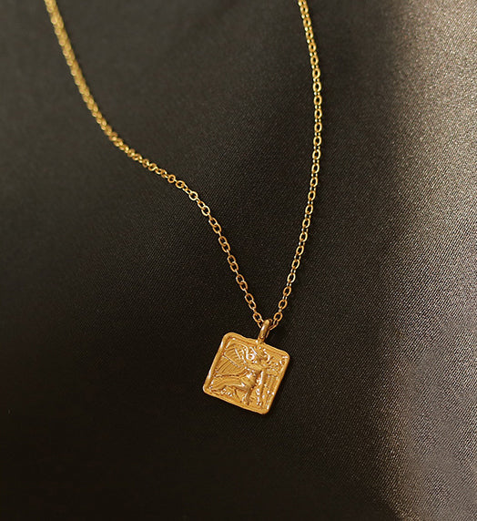Angel Embossed Square Coin Gold Necklace