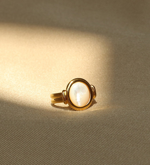 White Oval Iridescent Shell Gold Ring