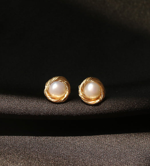 Nestled Rose Toned Real Pearl Ear Studs