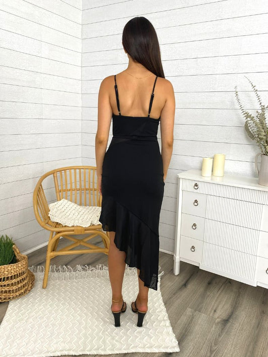 Asymmetrical Mesh Paneled Fitted Midi Dress