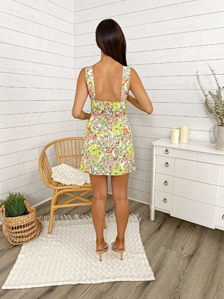 Scoop Neck Ribbon Bow Printed Mini Dress