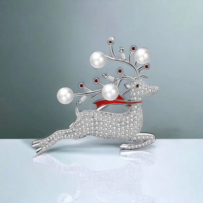Reindeer Christmas Holiday Crystal Brooch