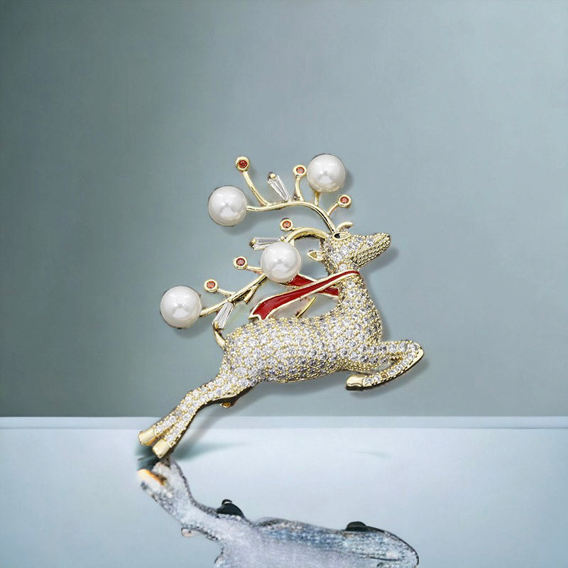 Reindeer Christmas Holiday Crystal Brooch