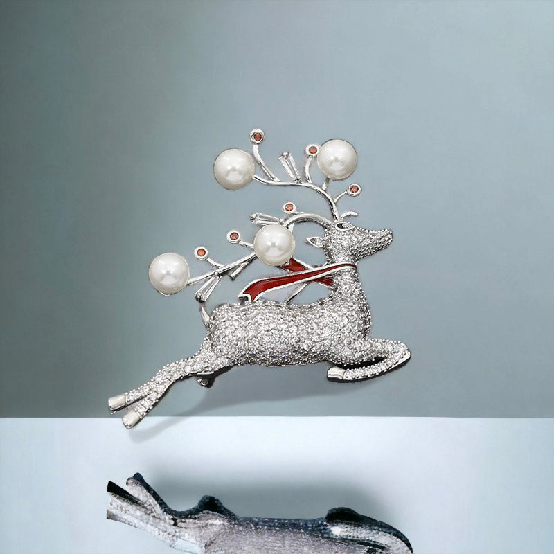 Reindeer Christmas Holiday Crystal Brooch