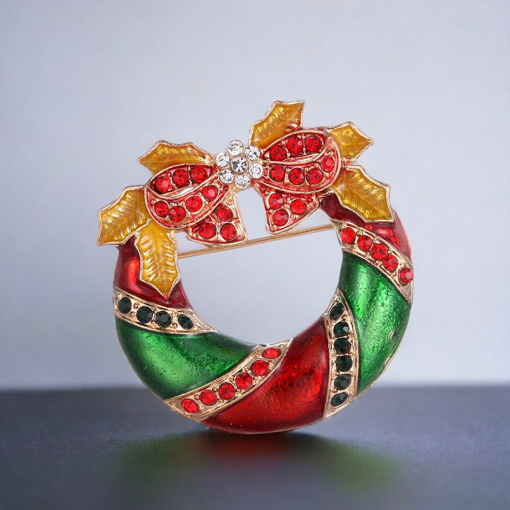 Holiday Wreath Stocking and Bell Christmas Brooch