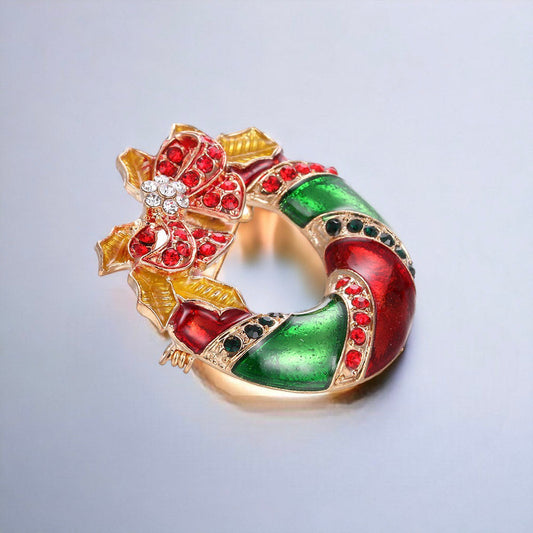 Holiday Wreath Stocking and Bell Christmas Brooch