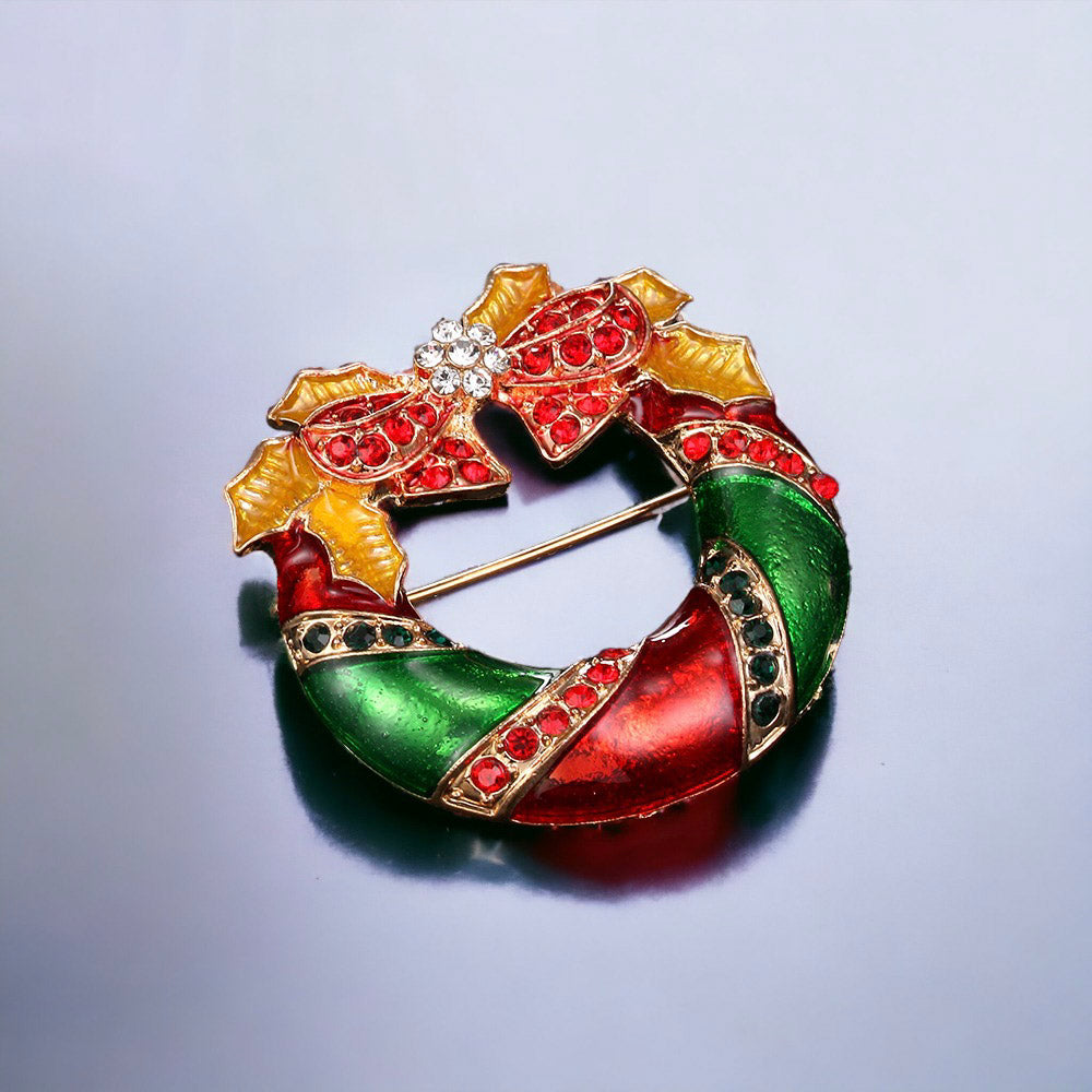 Holiday Wreath Stocking and Bell Christmas Brooch
