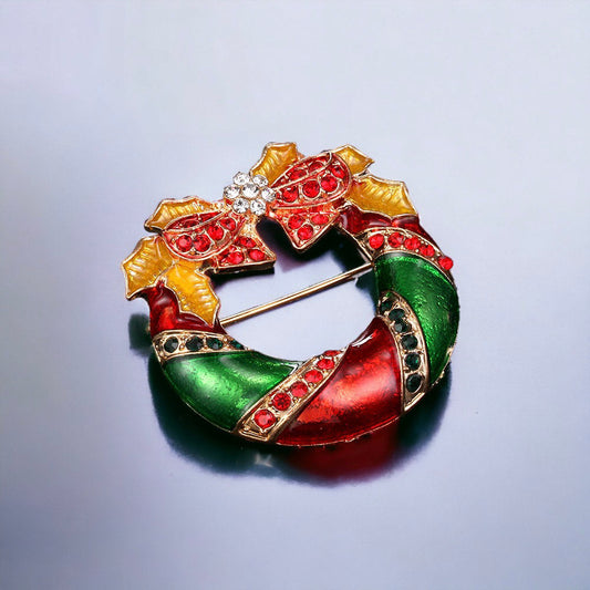 Holiday Wreath Stocking and Bell Christmas Brooch