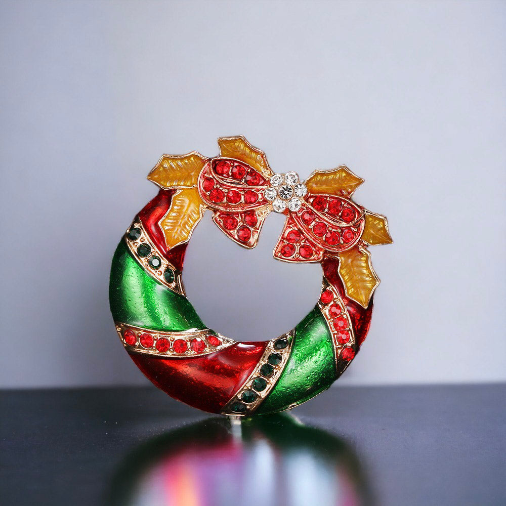 Holiday Wreath Stocking and Bell Christmas Brooch