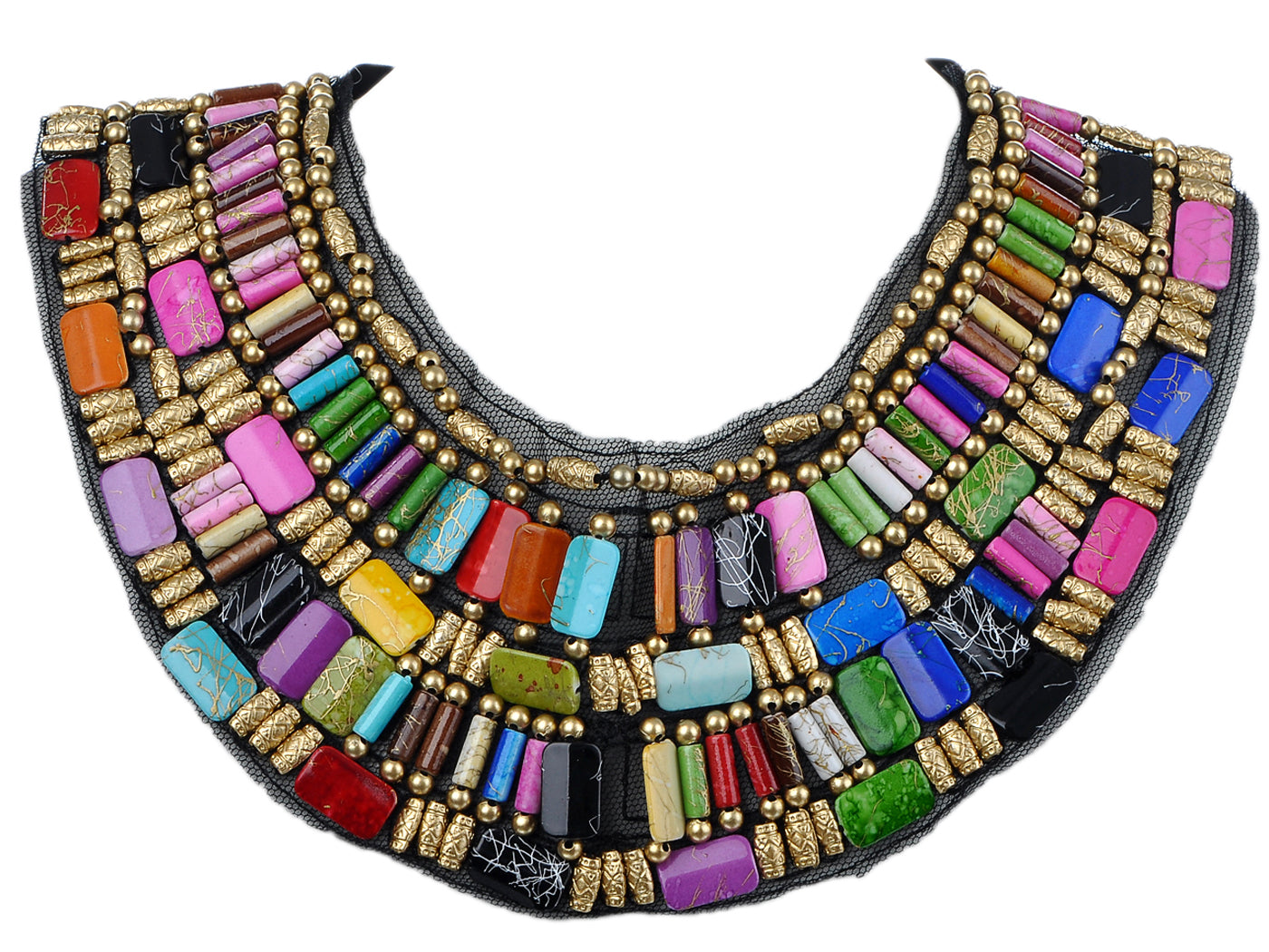 Black Tribal U Shaped Draped Multicolour Rainbow Beads Statement Necklace