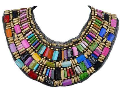 Black Tribal U Shaped Draped Multicolour Rainbow Beads Statement Necklace