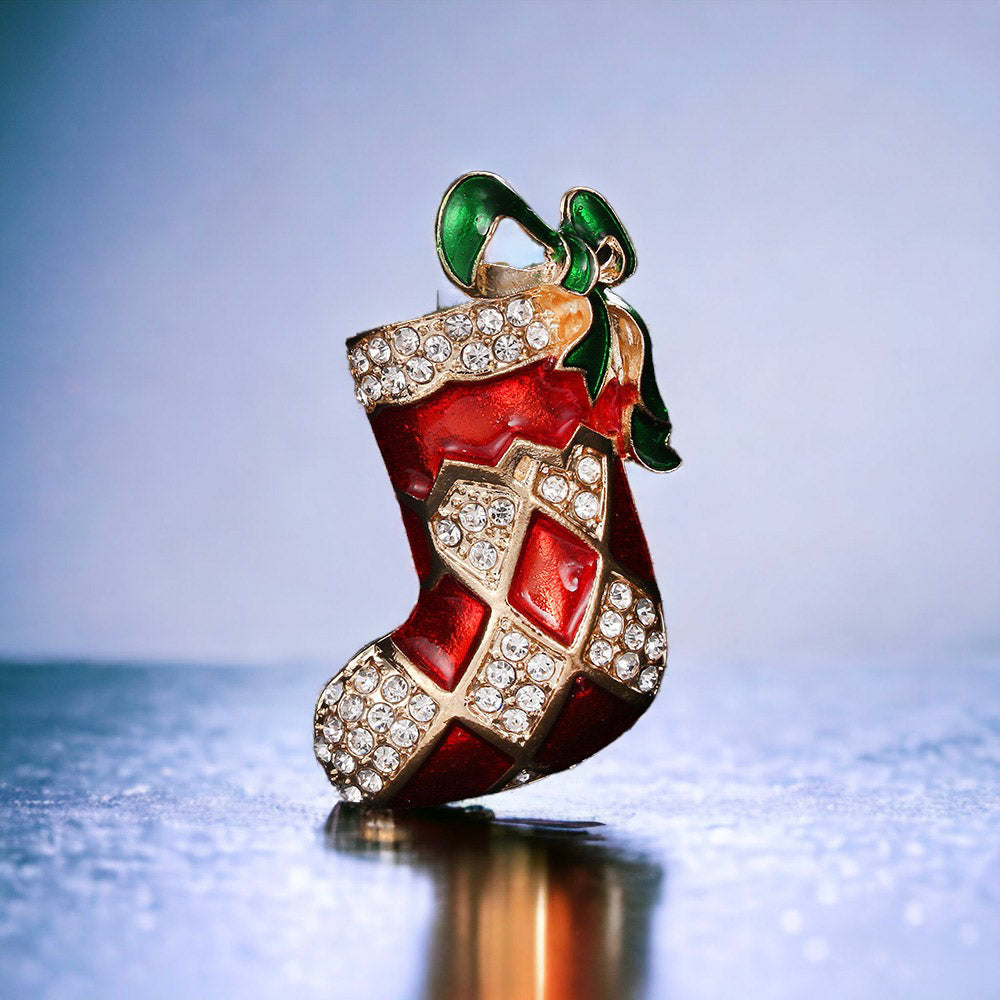 Holiday Wreath Stocking and Bell Christmas Brooch