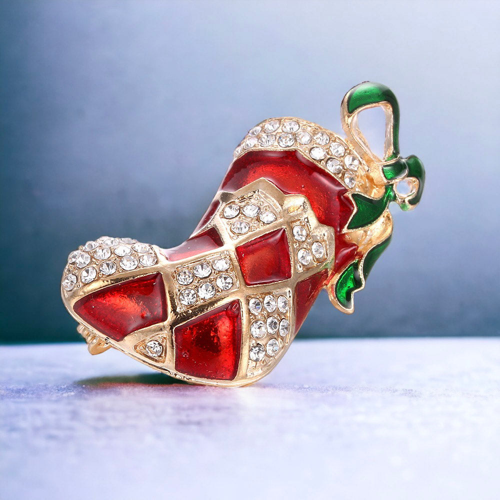 Holiday Wreath Stocking and Bell Christmas Brooch