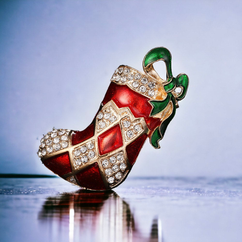 Holiday Wreath Stocking and Bell Christmas Brooch