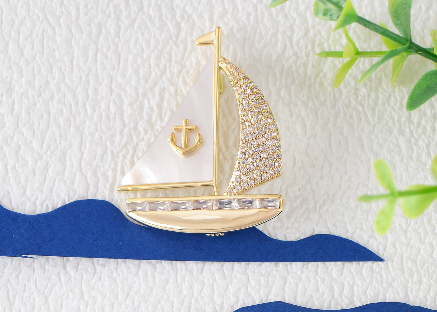 Crystal Rhinestone Sail Boat Brooch Pin - Nautical Sailor Navy Rudder Sailboat Anchor Sea Anchor Accessories Brooch