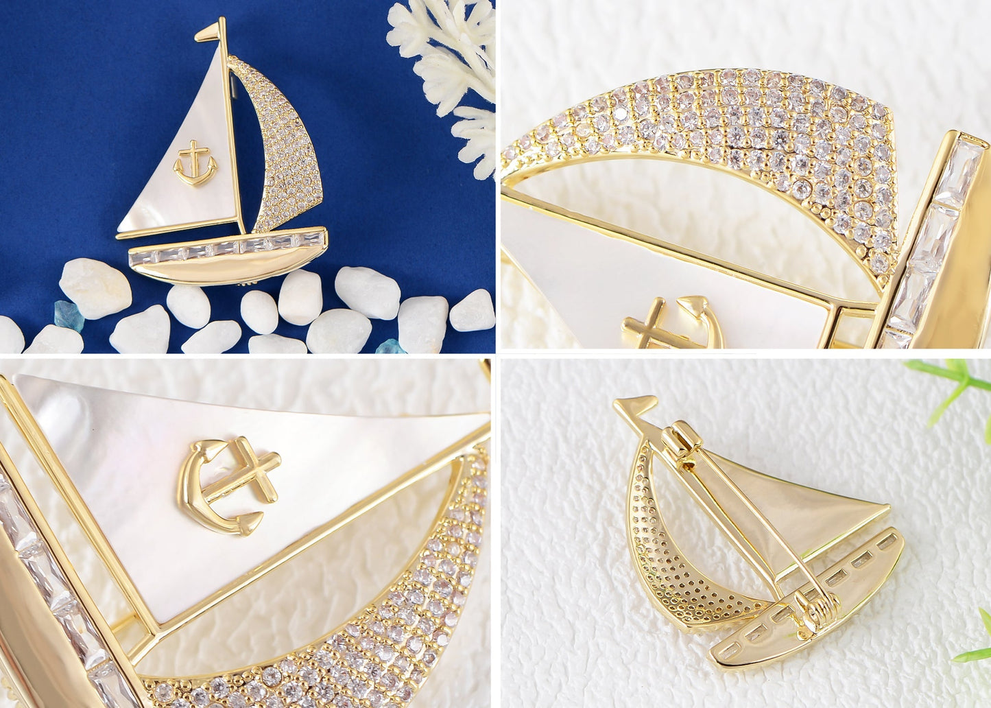 Crystal Rhinestone Sail Boat Brooch Pin - Nautical Sailor Navy Rudder Sailboat Anchor Sea Anchor Accessories Brooch