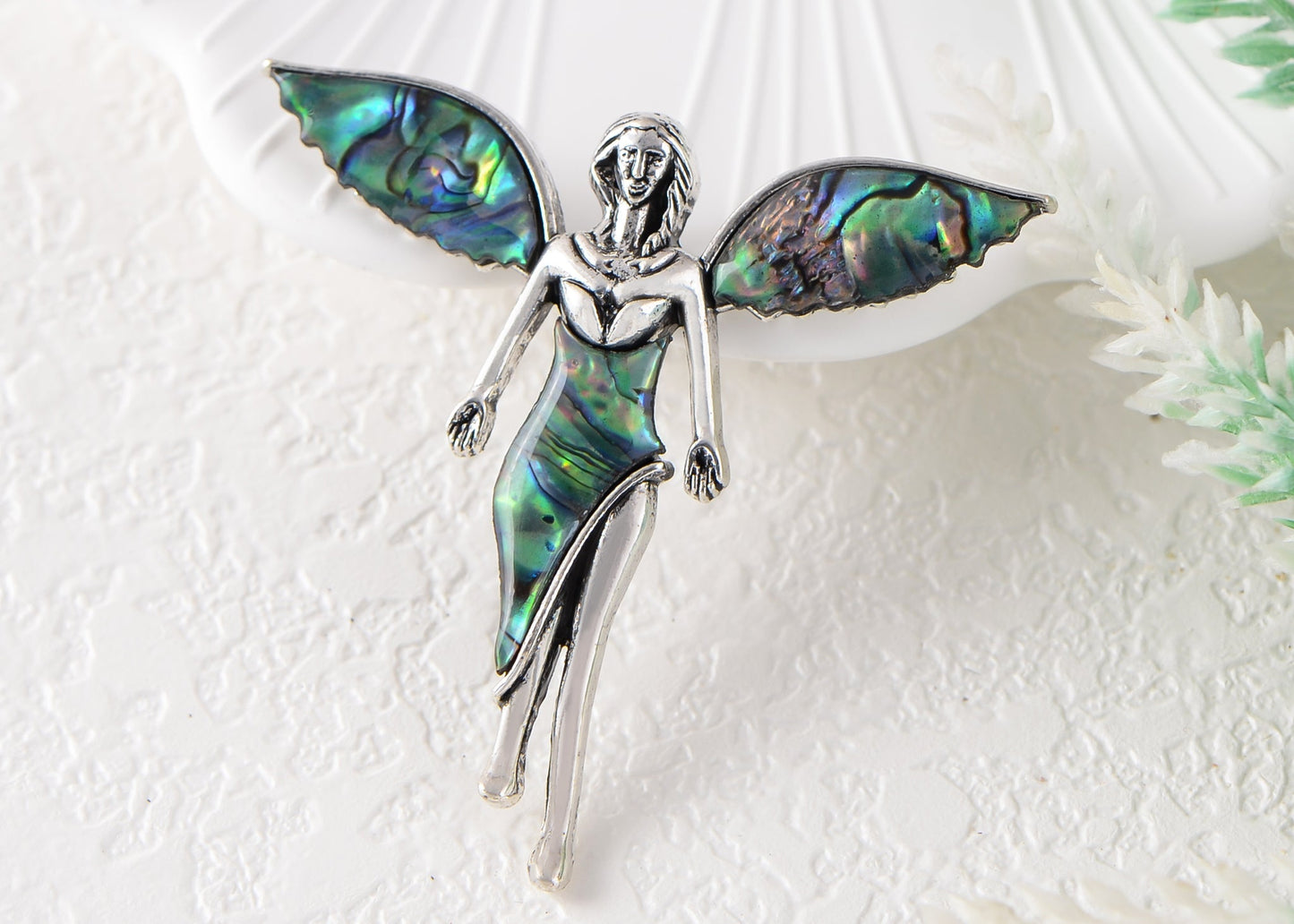 Vintage Silver Tone Abalone Shell Guardian Angel Brooch Pin & Pendant