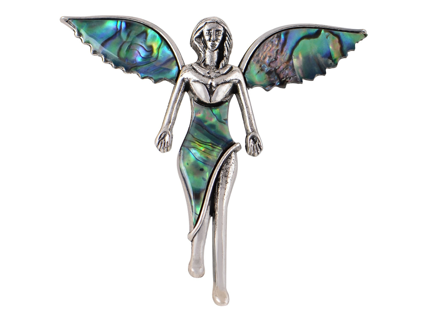 Vintage Silver Tone Abalone Shell Guardian Angel Brooch Pin & Pendant