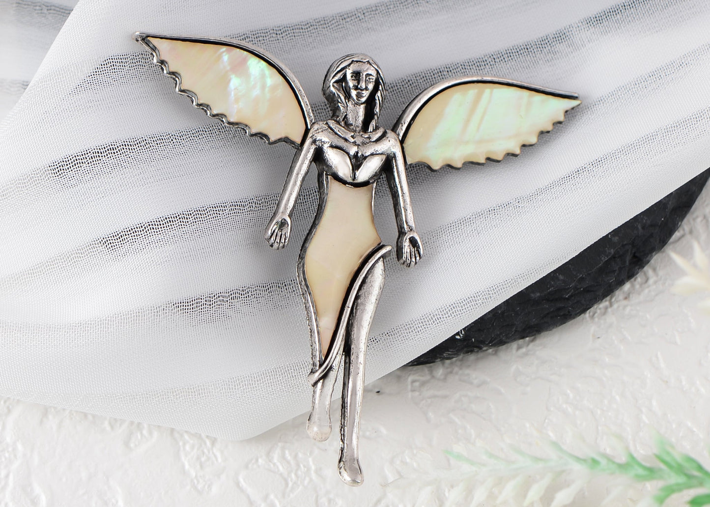 Vintage Silver Tone Abalone Shell Guardian Angel Brooch Pin & Pendant